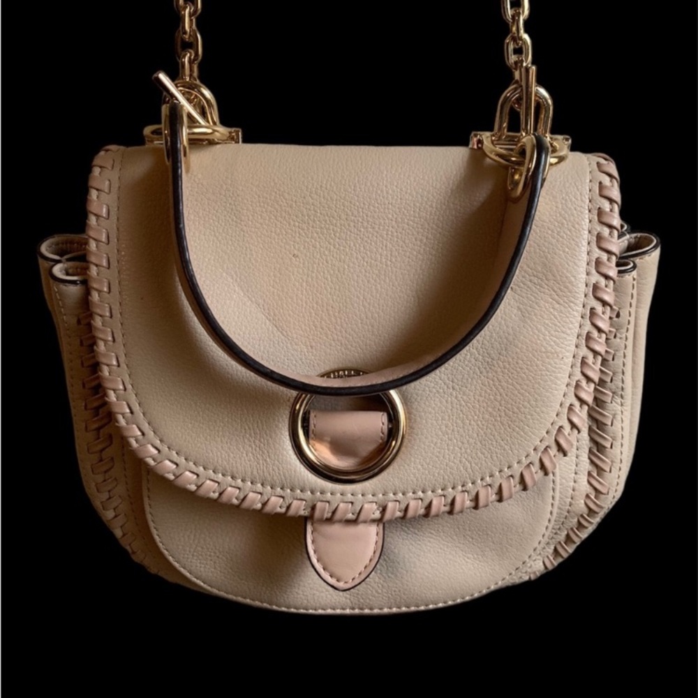Beige Leather Crossbody Bag with Gold Hardware and Whipstitch Design